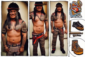 This  tattoo is of a construction worker in traditional Aztec clothing. He is shirtless, and his pants are decorated with feathers and fringe. He is wearing a construction helmet and is holding a construction tool. The tattoo is done in a traditional Aztec style, with bold lines and bright colors. tattoo idea