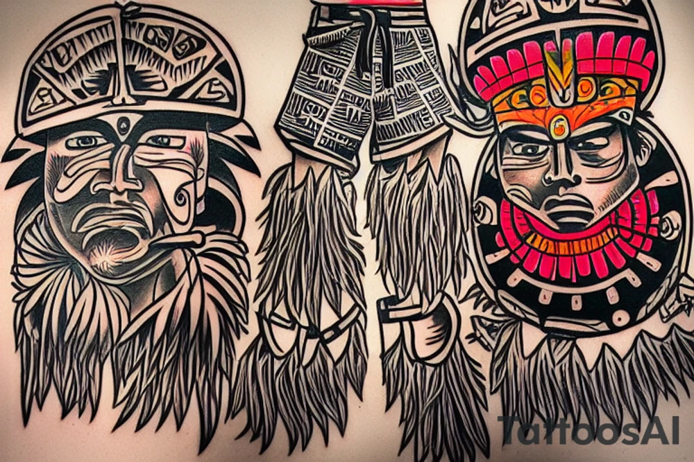 This  tattoo is of a construction worker in traditional Aztec clothing. He is shirtless, and his pants are decorated with feathers and fringe. He is wearing a construction helmet and is holding a construction tool. The tattoo is done in a traditional Aztec style, with bold lines and bright colors. tattoo idea