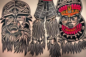 This  tattoo is of a construction worker in traditional Aztec clothing. He is shirtless, and his pants are decorated with feathers and fringe. He is wearing a construction helmet and is holding a construction tool. The tattoo is done in a traditional Aztec style, with bold lines and bright colors. tattoo idea