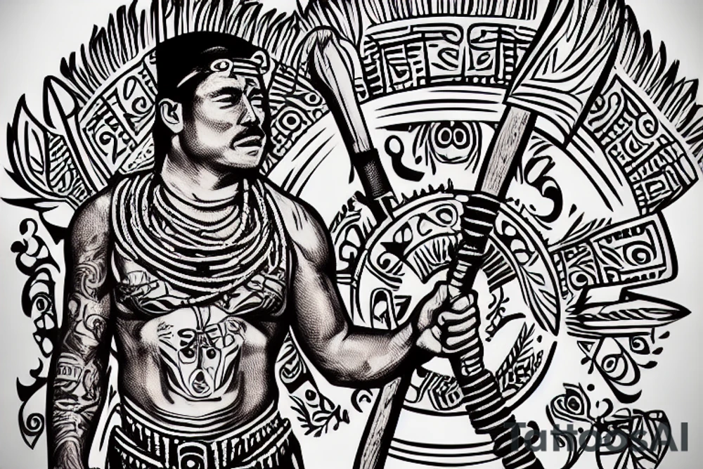 This tattoo is of a construction worker in traditional Aztec clothing. He is shirtless, and his pants are decorated with feathers and fringe. He is wearing a construction helmet and is holding a construction tool. The tattoo is done in a traditional Aztec style. tattoo idea