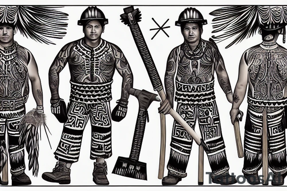 This tattoo is of a construction worker in traditional Aztec clothing. He is shirtless, and his pants are decorated with feathers and fringe. He is wearing a construction helmet and is holding a construction tool. The tattoo is done in a traditional Aztec style. tattoo idea