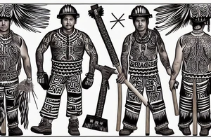 This tattoo is of a construction worker in traditional Aztec clothing. He is shirtless, and his pants are decorated with feathers and fringe. He is wearing a construction helmet and is holding a construction tool. The tattoo is done in a traditional Aztec style. tattoo idea