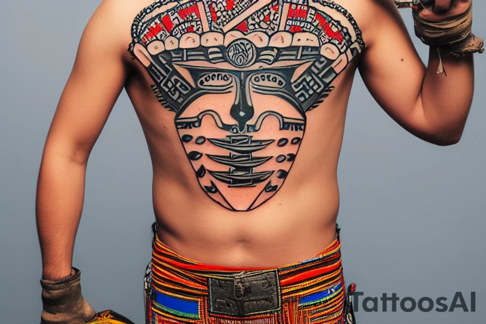 This tattoo is of a construction worker in traditional Aztec clothing. He is shirtless, and his pants are decorated with feathers and fringe. He is wearing a construction helmet and is holding a construction tool. tattoo idea