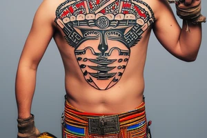 This tattoo is of a construction worker in traditional Aztec clothing. He is shirtless, and his pants are decorated with feathers and fringe. He is wearing a construction helmet and is holding a construction tool. tattoo idea