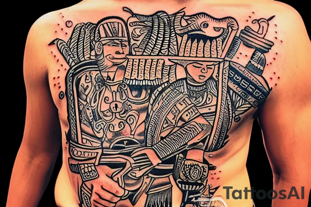 This tattoo is of a construction worker in traditional Aztec clothing. He is shirtless, and his pants are decorated with feathers and fringe. He is wearing a construction helmet and is holding a construction tool. tattoo idea