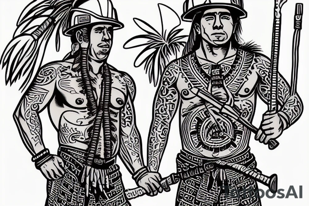 a construction worker in traditional Aztec clothing. He is shirtless, and his pants are decorated with feathers and fringe. He is wearing a construction helmet and is holding a construction tool. tattoo idea