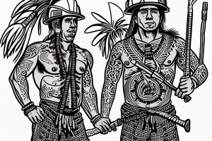 a construction worker in traditional Aztec clothing. He is shirtless, and his pants are decorated with feathers and fringe. He is wearing a construction helmet and is holding a construction tool. tattoo idea