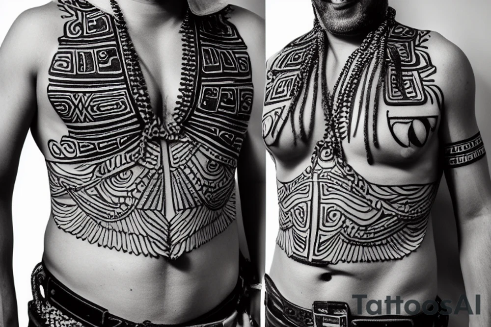 a construction worker in traditional Aztec clothing. He is shirtless, and his pants are decorated with feathers and fringe. He is wearing a construction helmet and is holding a construction tool. tattoo idea