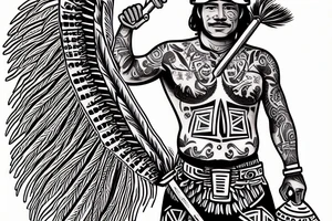 a construction worker in traditional Aztec clothing. He is shirtless, and his pants are decorated with feathers and fringe. He is wearing a construction helmet and is holding a construction tool. tattoo idea