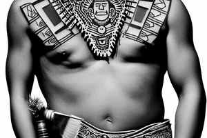 a construction worker in traditional Aztec clothing. He is shirtless, and his pants are decorated with feathers and fringe. He is wearing a construction helmet and is holding a construction tool. tattoo idea