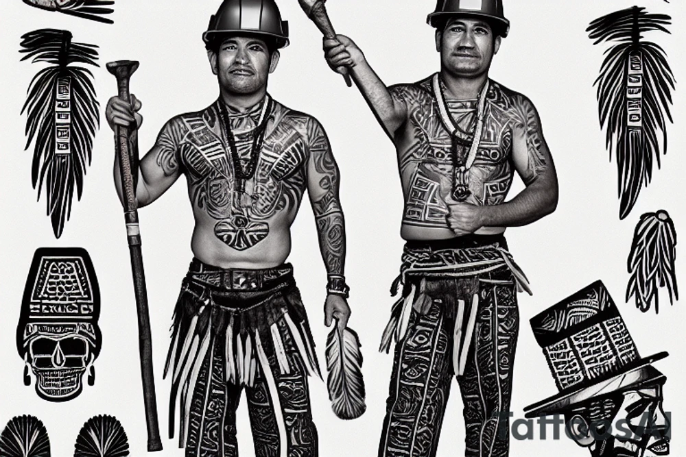 a construction worker in traditional Aztec clothing. He is shirtless, and his pants are decorated with feathers and fringe. He is wearing a construction helmet and is holding a construction tool. He has Navarro written on his stomach. tattoo idea