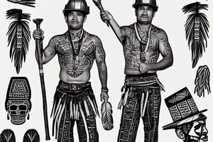 a construction worker in traditional Aztec clothing. He is shirtless, and his pants are decorated with feathers and fringe. He is wearing a construction helmet and is holding a construction tool. He has Navarro written on his stomach. tattoo idea
