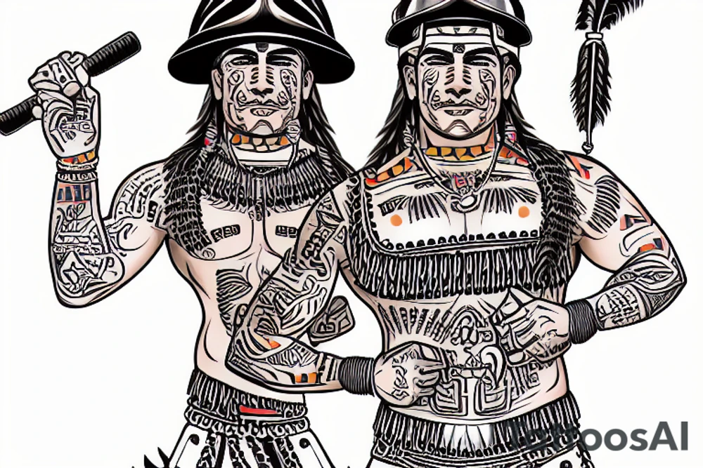 a construction worker in traditional Aztec clothing. He is shirtless, and his pants are decorated with feathers and fringe. He is wearing a construction helmet and is holding a construction tool. He has Navarro written on his stomach. tattoo idea
