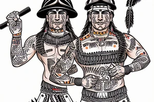a construction worker in traditional Aztec clothing. He is shirtless, and his pants are decorated with feathers and fringe. He is wearing a construction helmet and is holding a construction tool. He has Navarro written on his stomach. tattoo idea