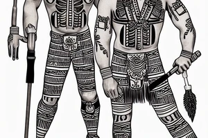 a construction worker in traditional Aztec clothing. He is shirtless, and his pants are decorated with feathers and fringe. He is wearing a construction helmet and is holding a construction tool. tattoo idea