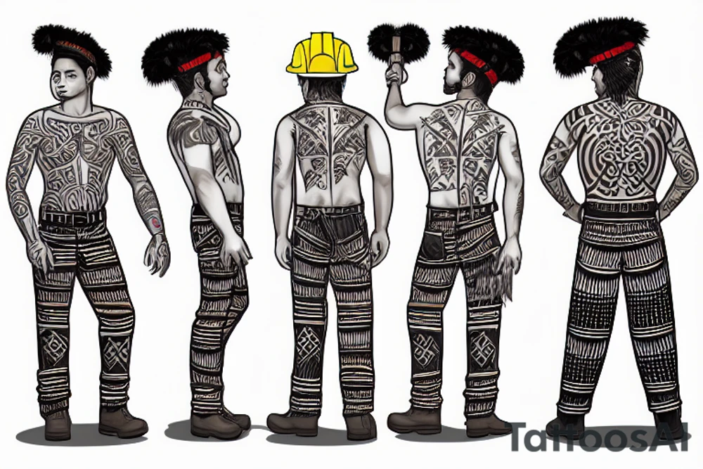 a construction worker in traditional Aztec clothing. He is shirtless, and his pants are decorated with feathers and fringe. He is wearing a construction helmet and is holding a construction tool. tattoo idea
