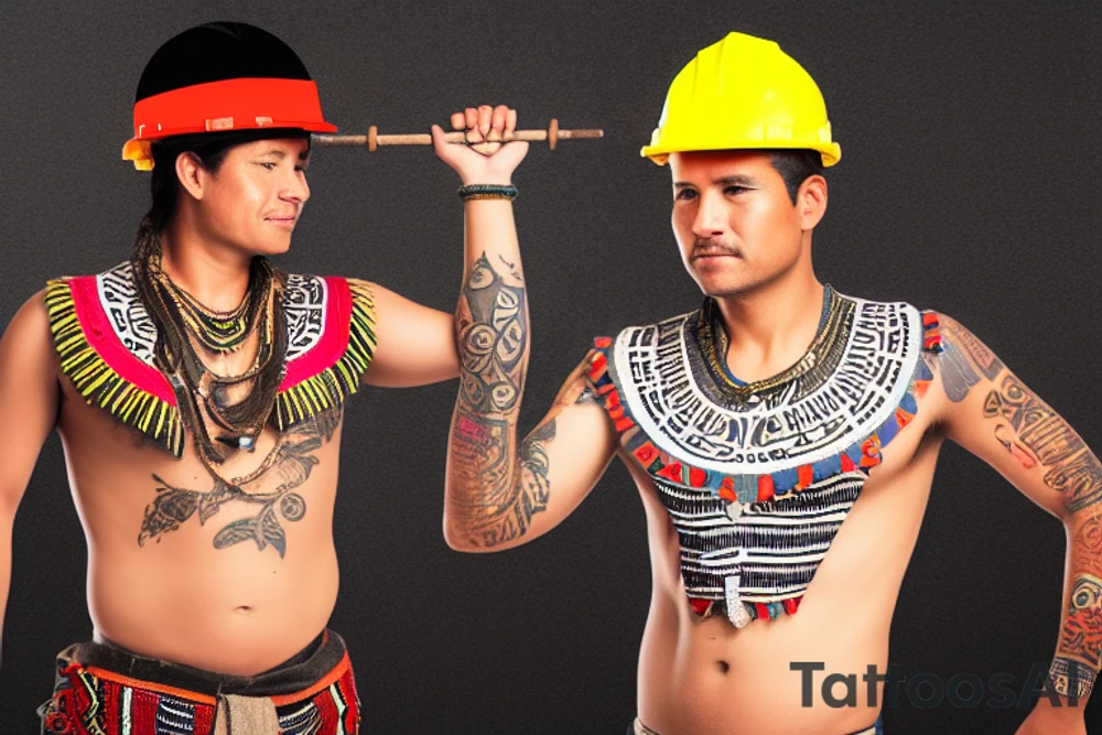 a construction worker in traditional Aztec clothing. He is shirtless, and his pants are decorated with feathers and fringe. He is wearing a construction helmet and is holding a construction tool. tattoo idea