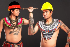 a construction worker in traditional Aztec clothing. He is shirtless, and his pants are decorated with feathers and fringe. He is wearing a construction helmet and is holding a construction tool. tattoo idea