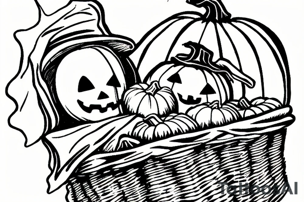 a ghost holding a pumpkin trick-or-treat basket. The ghost could be transparent, or it could be a solid color. The pumpkin could be carved with a face, or it could be a plain pumpkin. tattoo idea