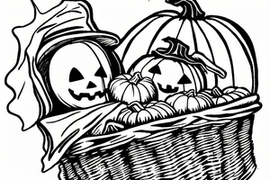 a ghost holding a pumpkin trick-or-treat basket. The ghost could be transparent, or it could be a solid color. The pumpkin could be carved with a face, or it could be a plain pumpkin. tattoo idea