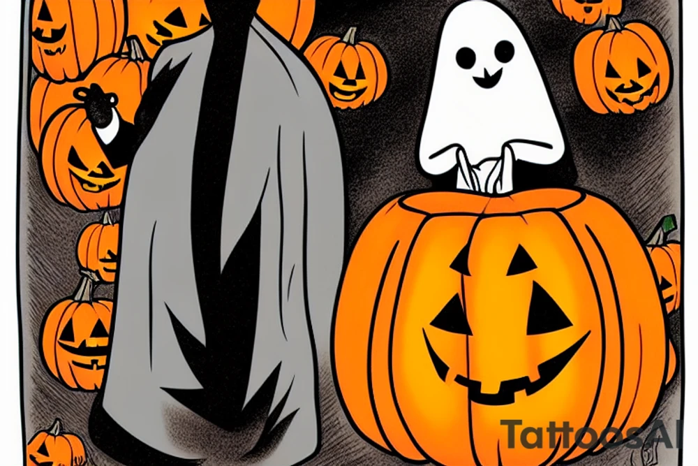 a ghost holding a pumpkin trick-or-treat basket. The ghost could be transparent, or it could be a solid color. The pumpkin could be carved with a face, or it could be a plain pumpkin. tattoo idea