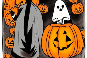 a ghost holding a pumpkin trick-or-treat basket. The ghost could be transparent, or it could be a solid color. The pumpkin could be carved with a face, or it could be a plain pumpkin. tattoo idea