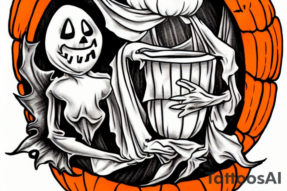 a ghost holding a pumpkin trick-or-treat basket. The ghost could be transparent, or it could be a solid color. The pumpkin could be carved with a face, or it could be a plain pumpkin. tattoo idea