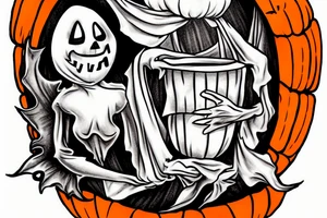 a ghost holding a pumpkin trick-or-treat basket. The ghost could be transparent, or it could be a solid color. The pumpkin could be carved with a face, or it could be a plain pumpkin. tattoo idea