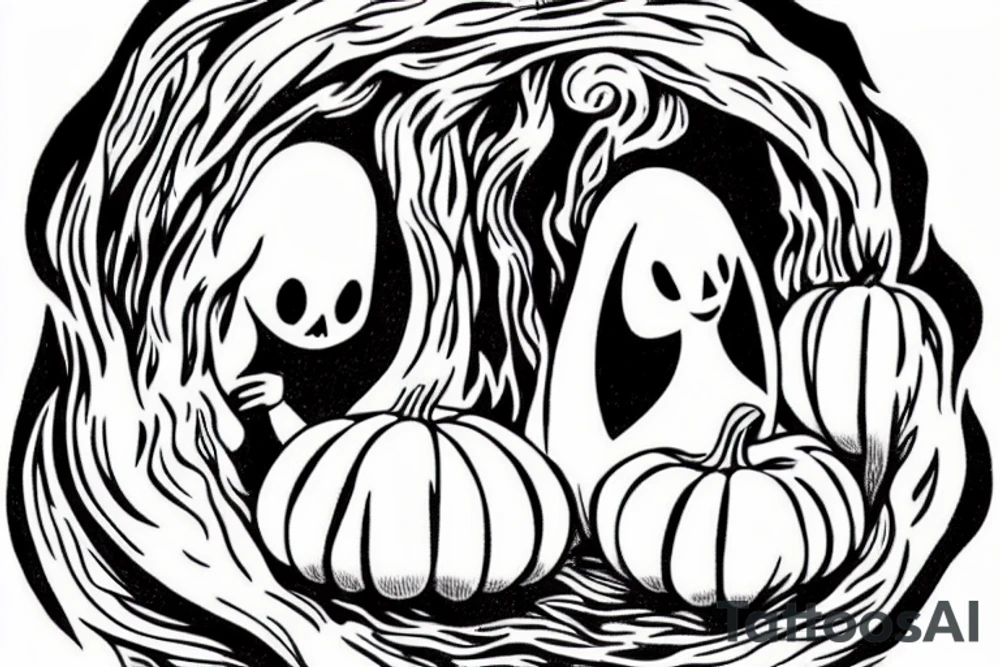 A ghost holding a pumpkin trick-or-treat basket. The ghost could be transparent, or it could be a solid color. The pumpkin could be carved with a face, or it could be a plain pumpkin. tattoo idea