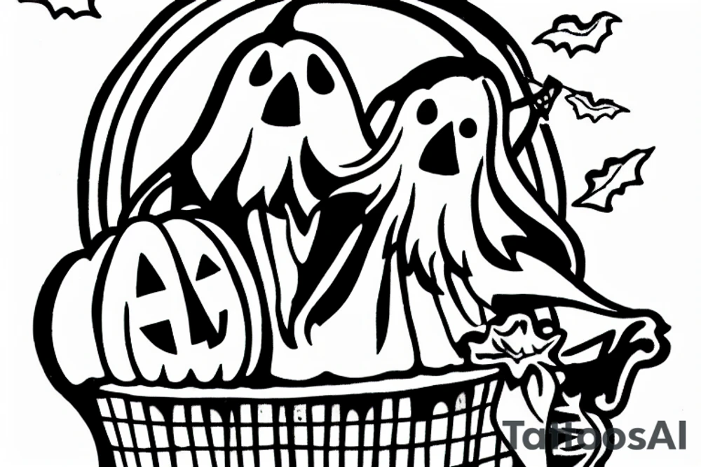 A ghost holding a pumpkin trick-or-treat basket. The ghost could be transparent, or it could be a solid color. The pumpkin could be carved with a face, or it could be a plain pumpkin. tattoo idea