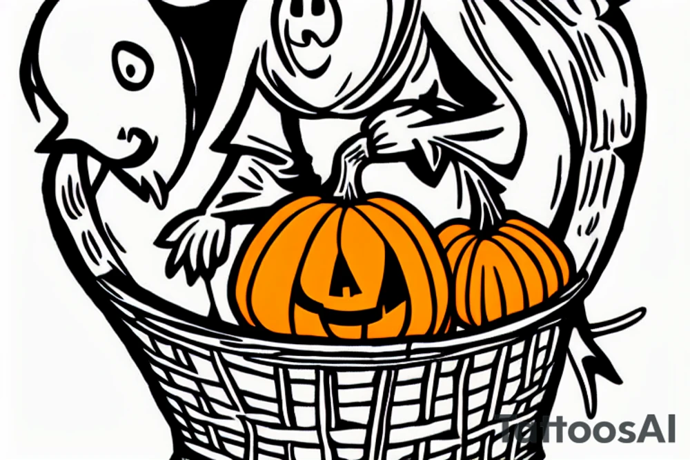 A ghost holding a pumpkin trick-or-treat basket. The ghost could be transparent, or it could be a solid color. The pumpkin could be carved with a face, or it could be a plain pumpkin. tattoo idea