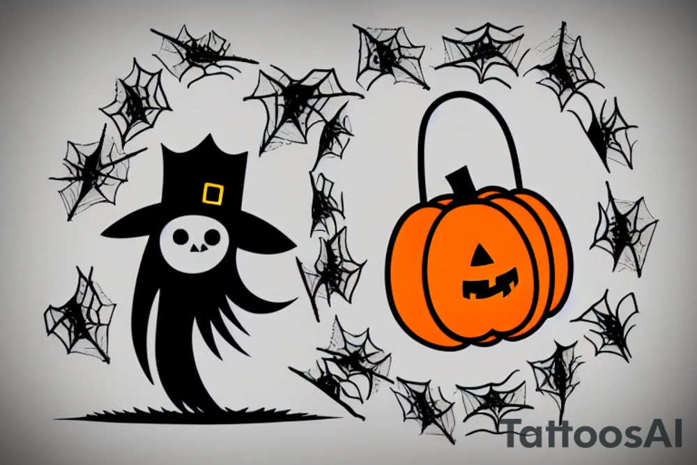 A ghost holding a pumpkin trick-or-treat basket. The ghost could be transparent, or it could be a solid color. The pumpkin could be carved with a face, or it could be a plain pumpkin. tattoo idea