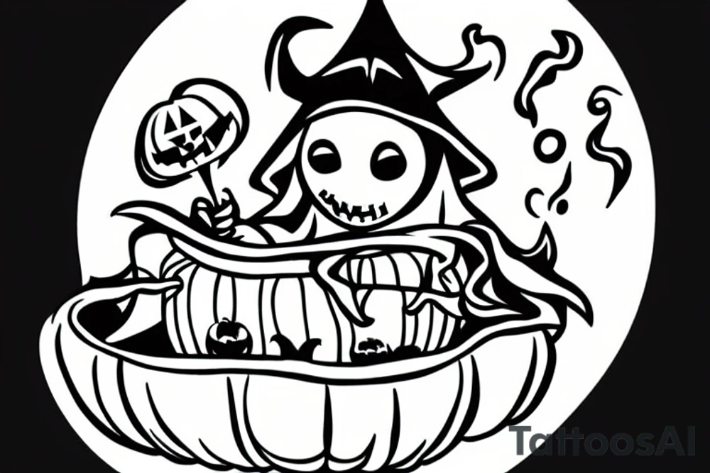 A ghost holding a small pumpkin trick-or-treat basket. tattoo idea