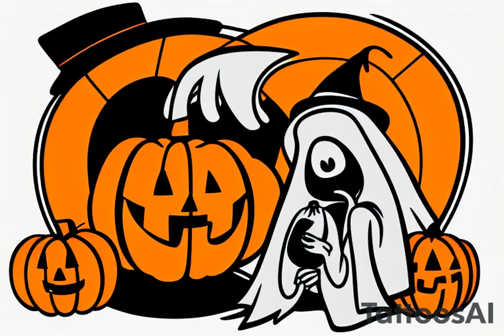 A ghost holding a small pumpkin trick-or-treat basket. tattoo idea