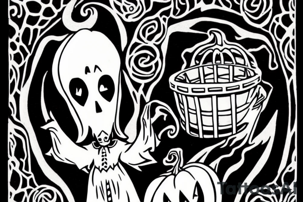 a ghost holding a pumpkin trick-or-treat basket. The ghost could be transparent, or it could be a solid color. The pumpkin could be carved with a face, or it could be a plain pumpkin. tattoo idea