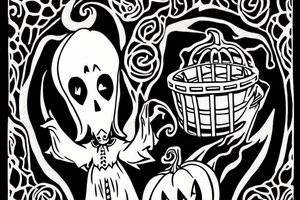 a ghost holding a pumpkin trick-or-treat basket. The ghost could be transparent, or it could be a solid color. The pumpkin could be carved with a face, or it could be a plain pumpkin. tattoo idea