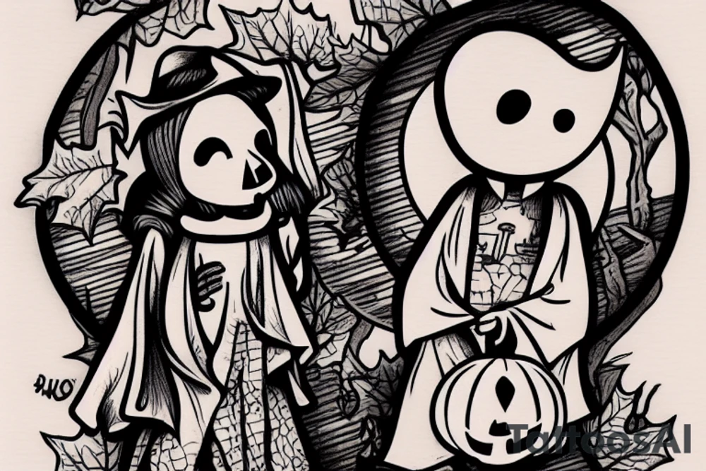 This tattoo would show a ghost holding a pumpkin trick-or-treat basket. The ghost could be transparent, or it could be a solid color. The pumpkin could be carved with a face, or it could be a plain pumpkin. The tattoo could be done in a realistic or cartoon style. tattoo idea