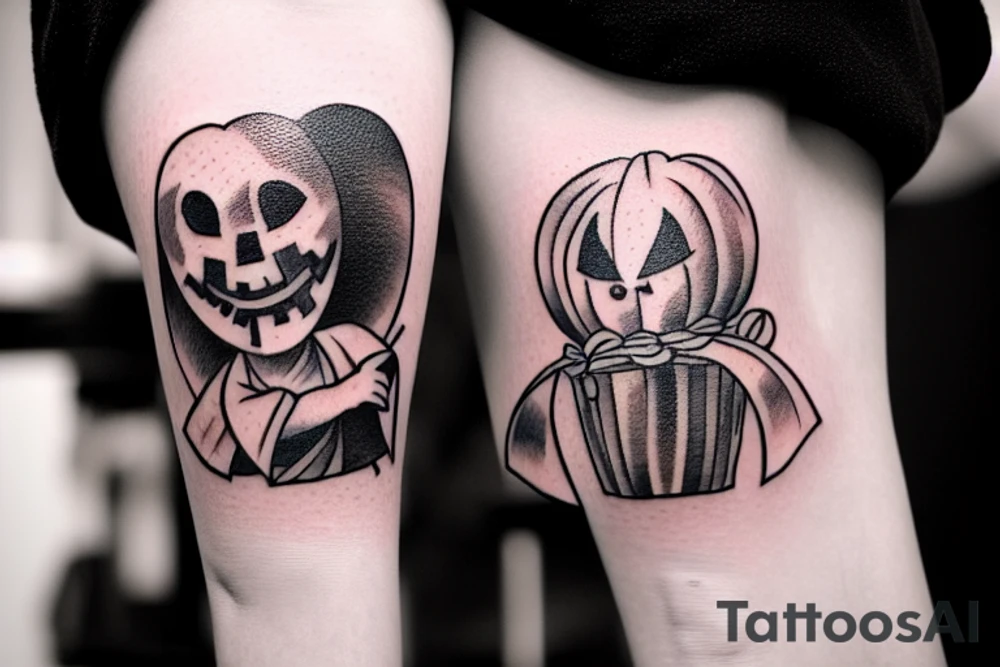 This tattoo would show a ghost holding a pumpkin trick-or-treat basket. The ghost could be transparent, or it could be a solid color. The pumpkin could be carved with a face, or it could be a plain pumpkin. The tattoo could be done in a realistic or cartoon style. tattoo idea