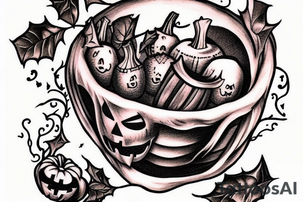This tattoo would show a ghost holding a pumpkin trick-or-treat basket. The ghost could be transparent, or it could be a solid color. The pumpkin could be carved with a face, or it could be a plain pumpkin. The tattoo could be done in a realistic or cartoon style. tattoo idea