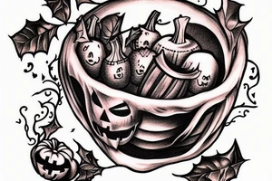 This tattoo would show a ghost holding a pumpkin trick-or-treat basket. The ghost could be transparent, or it could be a solid color. The pumpkin could be carved with a face, or it could be a plain pumpkin. The tattoo could be done in a realistic or cartoon style. tattoo idea