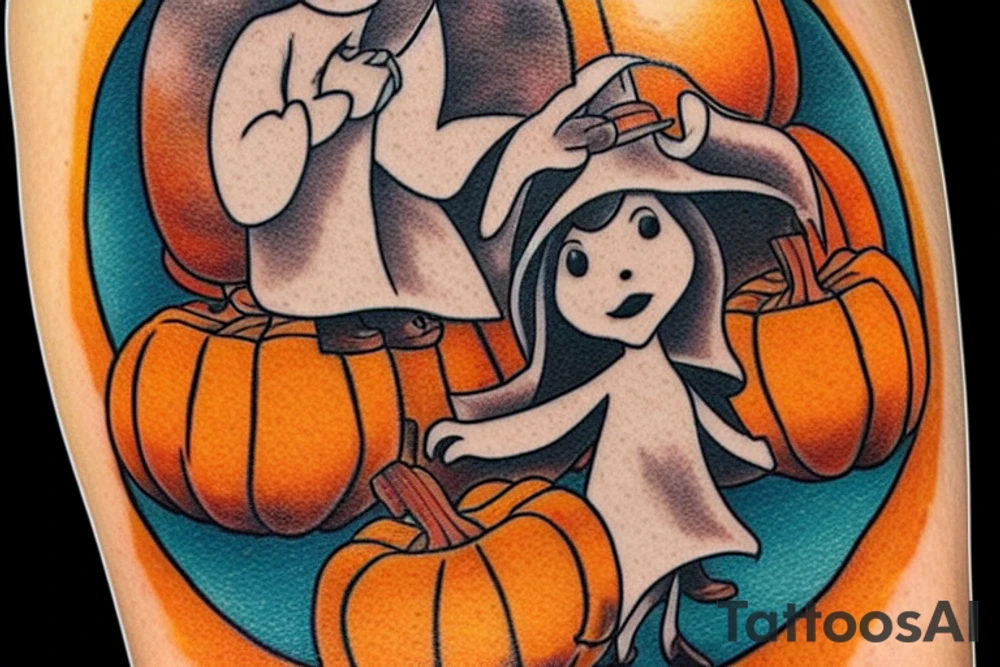 This tattoo would show a ghost holding a pumpkin trick-or-treat basket. The ghost could be transparent, or it could be a solid color. The pumpkin could be carved with a face, or it could be a plain pumpkin. The tattoo could be done in a realistic or cartoon style. tattoo idea