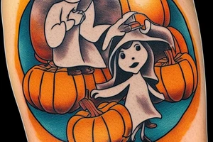 This tattoo would show a ghost holding a pumpkin trick-or-treat basket. The ghost could be transparent, or it could be a solid color. The pumpkin could be carved with a face, or it could be a plain pumpkin. The tattoo could be done in a realistic or cartoon style. tattoo idea