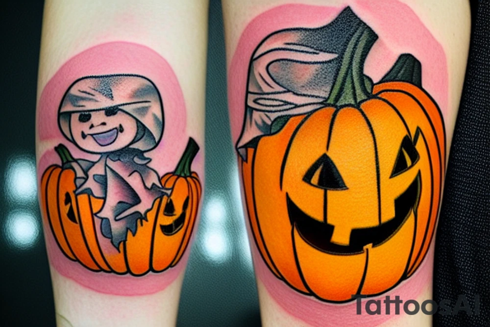 This tattoo would show a ghost holding a pumpkin trick-or-treat basket. The ghost could be transparent, or it could be a solid color. The pumpkin could be carved with a face, or it could be a plain pumpkin. The tattoo could be done in a realistic or cartoon style. tattoo idea
