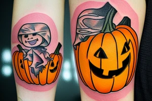 This tattoo would show a ghost holding a pumpkin trick-or-treat basket. The ghost could be transparent, or it could be a solid color. The pumpkin could be carved with a face, or it could be a plain pumpkin. The tattoo could be done in a realistic or cartoon style. tattoo idea