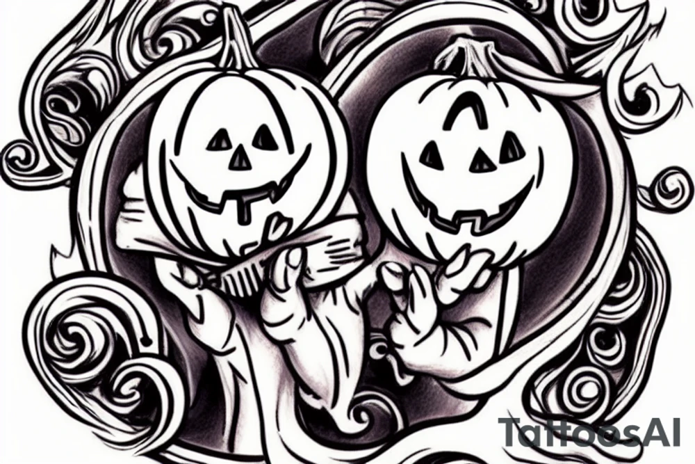 This tattoo would show a ghost holding a pumpkin trick-or-treat basket. The ghost could be transparent, or it could be a solid color. The pumpkin could be carved with a face, or it could be a plain pumpkin. The tattoo could be done in a realistic or cartoon style. tattoo idea