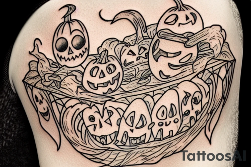 This tattoo shows a big ghost holding a small pumpkin trick-or-treat basket. The ghost could be transparent, or it could be a solid color. The pumpkin is carved with a face. The tattoo could be done in a realistic or cartoon style. tattoo idea