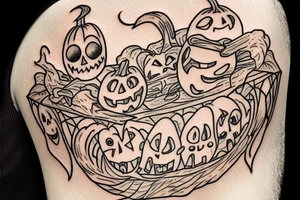 This tattoo shows a big ghost holding a small pumpkin trick-or-treat basket. The ghost could be transparent, or it could be a solid color. The pumpkin is carved with a face. The tattoo could be done in a realistic or cartoon style. tattoo idea