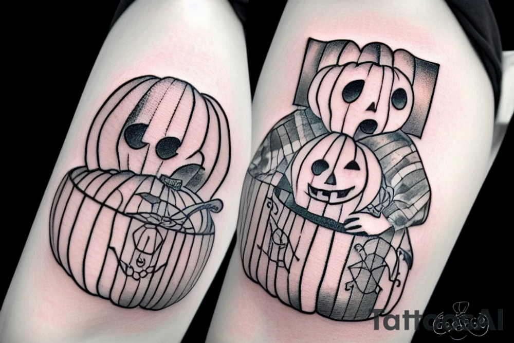 This tattoo shows a big ghost holding a small pumpkin trick-or-treat basket. The ghost could be transparent, or it could be a solid color. The pumpkin is carved with a face. The tattoo could be done in a realistic or cartoon style. tattoo idea