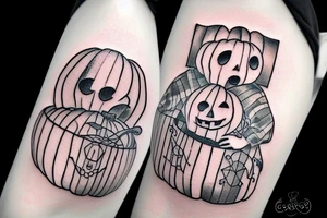 This tattoo shows a big ghost holding a small pumpkin trick-or-treat basket. The ghost could be transparent, or it could be a solid color. The pumpkin is carved with a face. The tattoo could be done in a realistic or cartoon style. tattoo idea