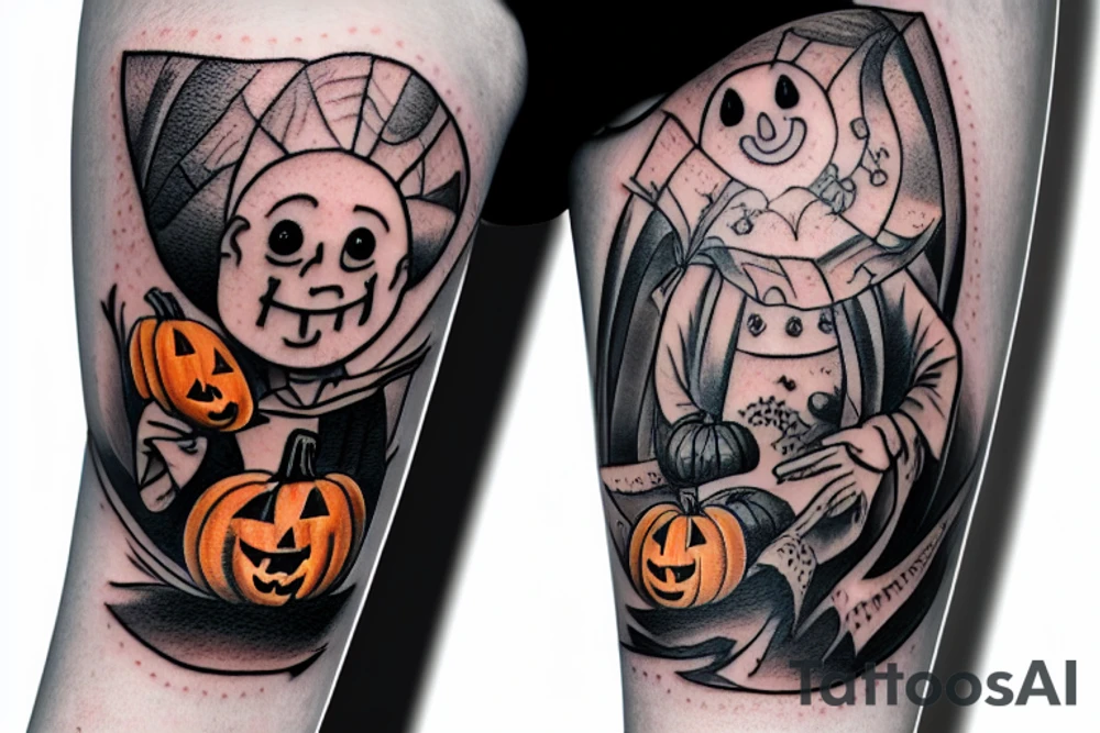 This tattoo shows a big ghost holding a small pumpkin trick-or-treat basket. The ghost could be transparent, or it could be a solid color. The pumpkin is carved with a face. The tattoo could be done in a realistic or cartoon style. tattoo idea
